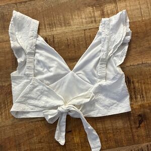 Japna Eyelet Crop Top Women Small White Ruffle Tie Back Boho Summer Cotton